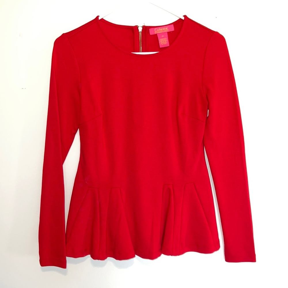 Peplum long sleeve top red conservative look